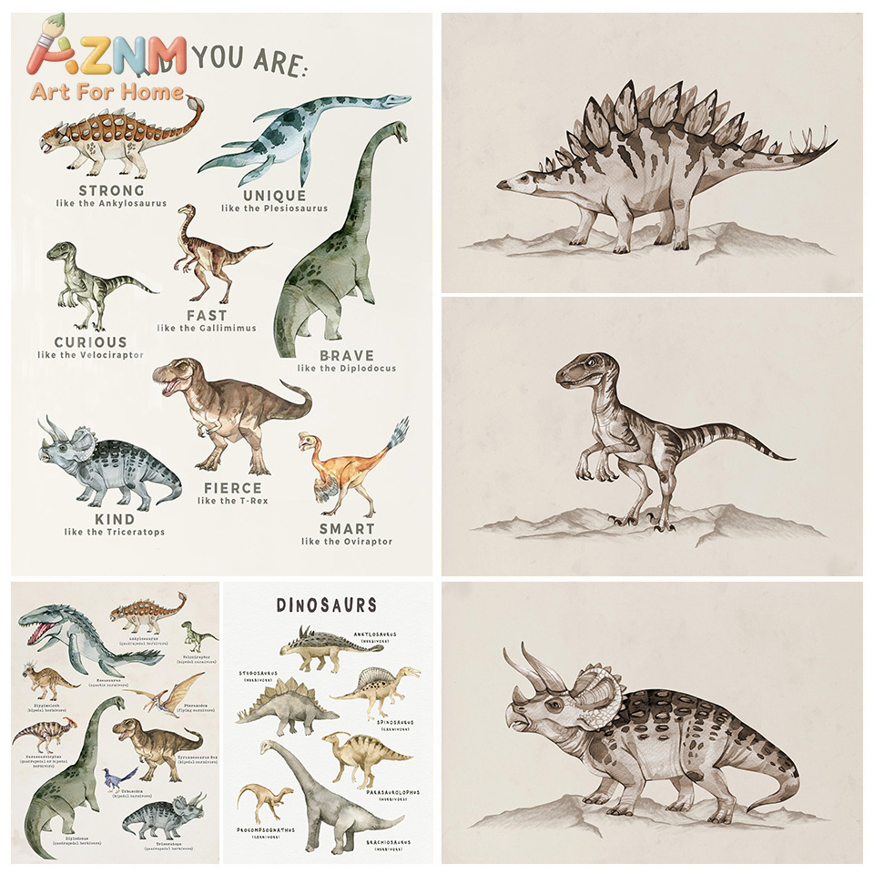 Kids Education Quote - Seni Dinding Kanvas Dinosaurus Cat Air