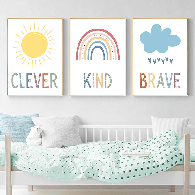 Cetak Seni Kanvas Awan Pelangi - Kids Education Quote ulasan dan harga