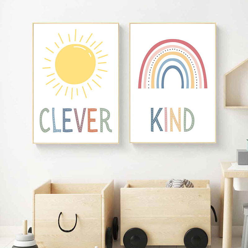 Cetak Seni Kanvas Awan Pelangi - Kids Education Quote ulasan dan harga